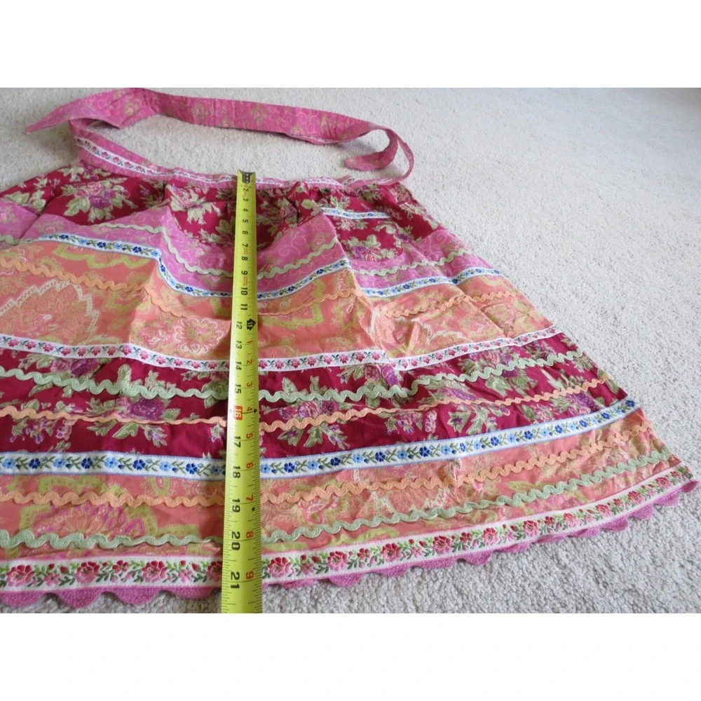 Cotton Embroidered Floral Apron 76 Inch Tie Red Pink OSFA